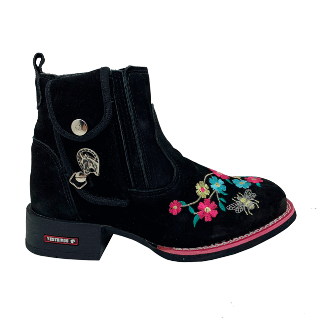 BotinaCanivete Abelha
                                    - Couro Nobuck Preto | Bordado Flores