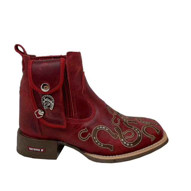 BotinaCanivete Ferraduras
                                    - Couro Fóssil Vermelho | Bordado Marrom