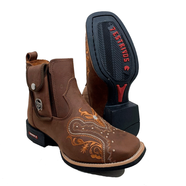 BotinaCanivete Florência
                                    - Couro Crazy Horse Nescau | Bordados Laranja e Branco