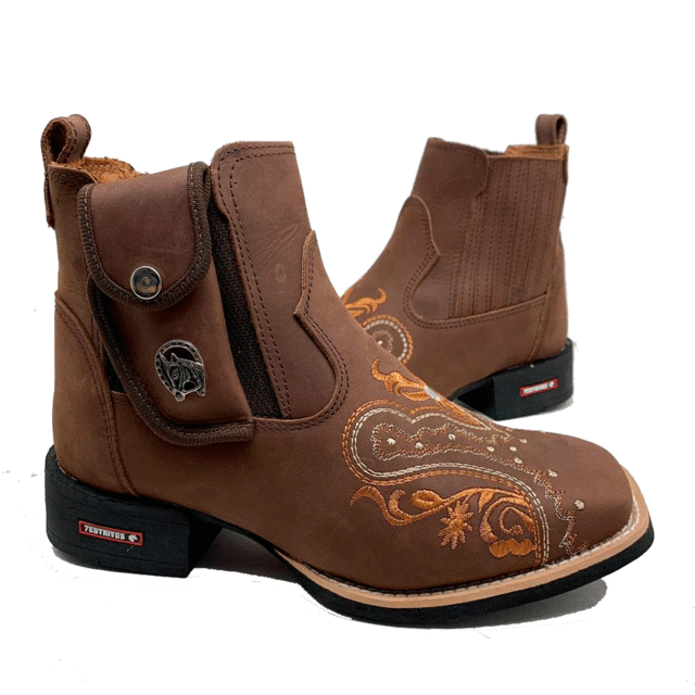 BotinaCanivete Florência
                                    - Couro Crazy Horse Nescau | Bordados Laranja e Branco