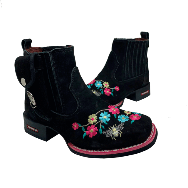 BotinaCanivete Abelha
                                    - Couro Nobuck Preto | Bordado Flores